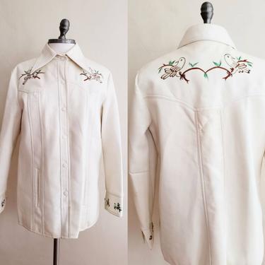 1970s Ivory Vinyl Snap Front Jacket with Birds and Floral Embroidery Parisienne / 70s Hip Length Jacket Cream Vegan Poly Pleather  / L 