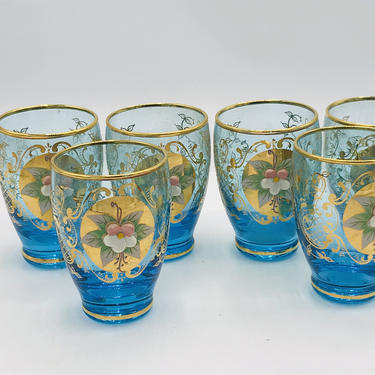 Vintage (6) Moser Bohemian - Hand painted 4 shot cordial glasses - Gold Overlay Trim, raised Applied Flowers and Aqua glass and hand painted 