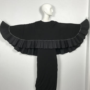 Vtg 70s black jersey column dress with attached tafetta ruffle cape SM 