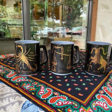 Choice of Mid Century Aries, Libra, or Scorpio Zodiac Mugs, Black and Gold with Milk Glass Interiors 