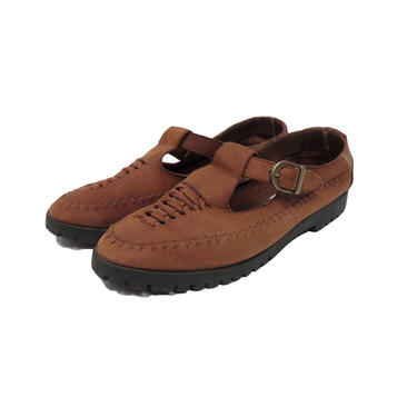 Vintage 90s T Strap Brown Leather Sandals Size 6.5 