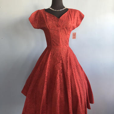 Vintage 1950s Red Lace Party Prom Dress - XS 