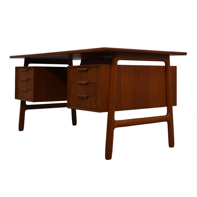 Teak 6 Drawer Executive Desk w/ Drop-Down Storage + Shelves