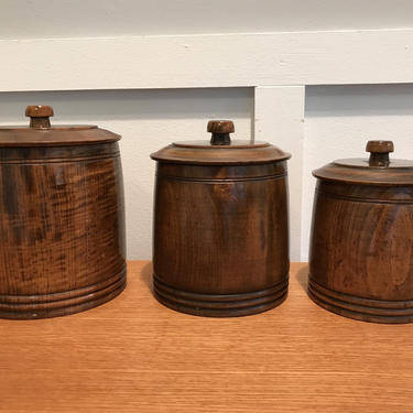 Wood Kitchen Canister Set Cookie Jars Jar Canister, Ceramic Kitchen Storage, Mid Century Era, Walnut Hand Turned Lathed 