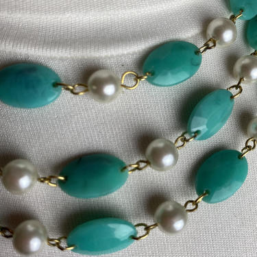 Vintage 60’s turq green &amp; white pearly long beaded necklace~ groovy Mod Pop of color~ plastic retro necklace~ long length~ 1960s costuming 