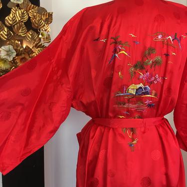 1980s red robe, asian style robe, embroidered rob, kimono style, vintage robe, satin dressing gown, medium, summer house coat, golden dragon by melsvanity