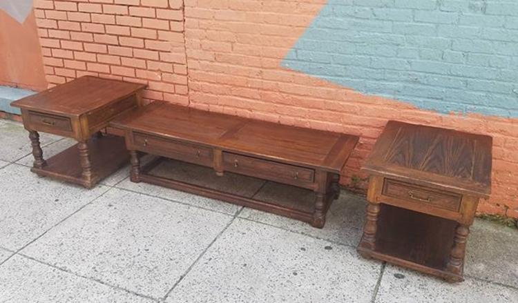 SOLD. Three Piece Oak Cocktail and End Table Set, $253. 
