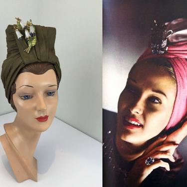 New Heights to Reach - Vintage 1940s Olive Green Light Rayon Fabric Open Top Turban Hat 
