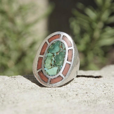 Vintage Silver Turquoise & Coral Mosaic Inlay Ring, Signet Style, Native American, Old Pawn Jewelry, Size 8 3/4 US 