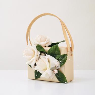 90s 00s Y2k Vintage Cream Satin Evening Bag Purse Fabric Flowers // Vintage Flower Evening Bag Cream off white Satin Wedding Bag purse 