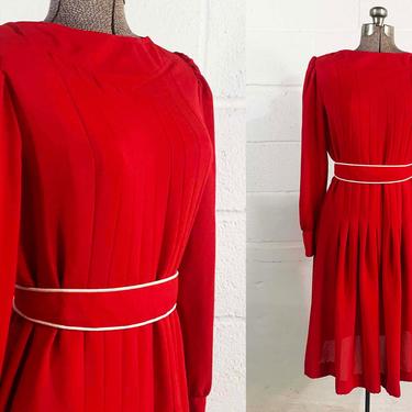 Vintage Red Dress Shift 1980s 80s Leslie Fay Union Made Long Sleeve Bishop Sleeves Sheer Belted Pleated Large XL 