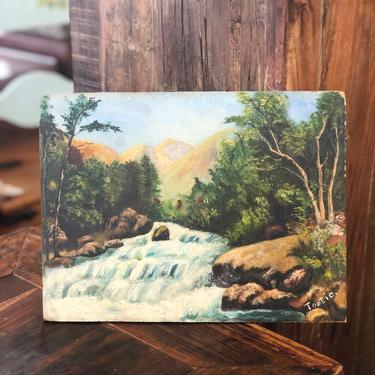 Vintage Mid Century Modern Original Signed Landscape Painting Scenic Deco Retro River Stream Forest PNW Art 