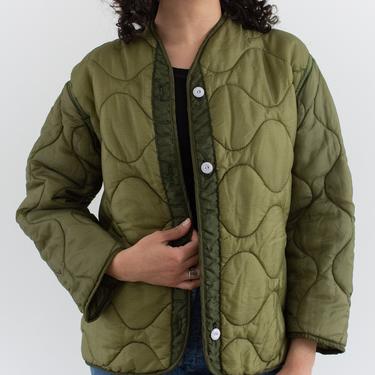 Vintage Green Liner Jacket | White Buttons | Unisex Wavy Quilted Nylon Coat | M | LI050 
