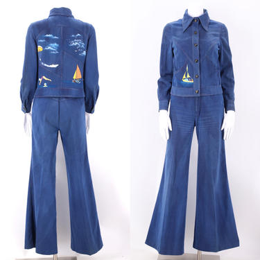 70s RONCELLI denim bell bottoms suit 8 / vintage 1970s bell bottom suit brushed denim HAND PAINTED jacket and pants sz 7/8 