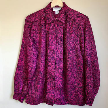 80s M/L Magenta Pink and Black Abstract Speckled Blouse 