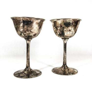 Silver Goblets | Silver Wine Glasses | Silver Stemmed Glasses | Silver Set of 2 | Tarnished Silver | Silver Drinkware | Silver Wedding 