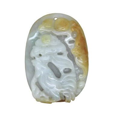 Natural Green Yellow Jade Pendant With Lucky Zodiac Rooster, Bat &amp; Fortune Figure n491E 