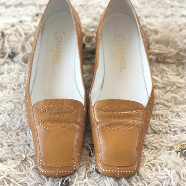 Vintage CHANEL CC Perforated Logo Leather Beige Tan Loafers Flats, Moonstone Vintage