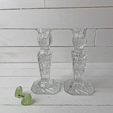 Vintage, Set of 2, Irena Crystal Candlesticks With Etching, Made In Poland | Antique Candlestick Holders, Romantic Dinner, Dinner Table Set 