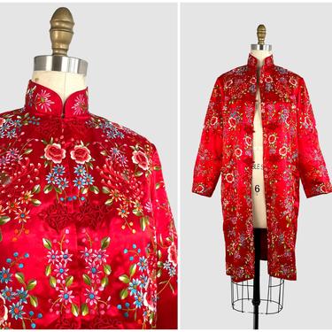 PLUM BLOSSOMS 70s Vintage Red Silk Satin Embroidered Asian Coat | 1970s Floral  Rose Embroidery Chinese Jacket | 60s Dead Stock | Size Small 