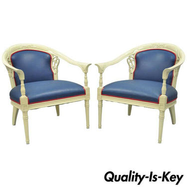 Pair of Cream Lacquered Chinoiserie Blue Barrel Back Lounge Club Arm Chairs