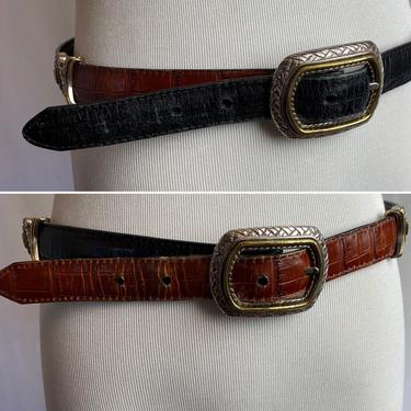 VTG 90’s leather belt 2 tone Black & Brown Alligator look embossed interchangeable swiveling belt chunky silver buckle hardware size 32 