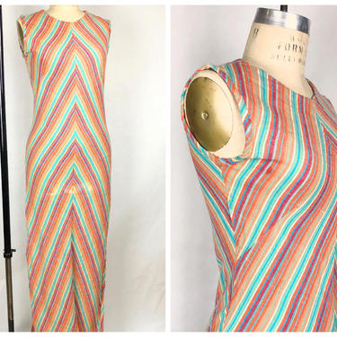 Vintage 1970s Chevron Striped Multi Color Maxi Dress, 70s Pakistani Maxi Dress, Double Slit Dress, Boho Folk, Size Sm/Med by Mo