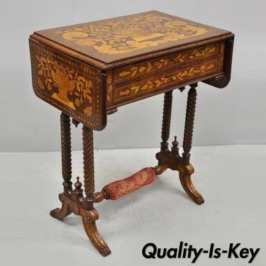 19th C. Dutch Marquetry Inlaid Regency Style Drop Leaf Sewing Stand Work Table