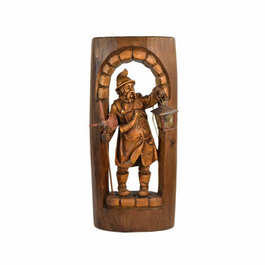 Vintage Black Forest Carved Wall Sculpture Night Watchman w Electrified Lantern 