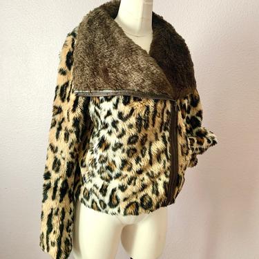 Faux Fur Jacket, Animal Print, Leopard, Zip Front, Guess, Size S 