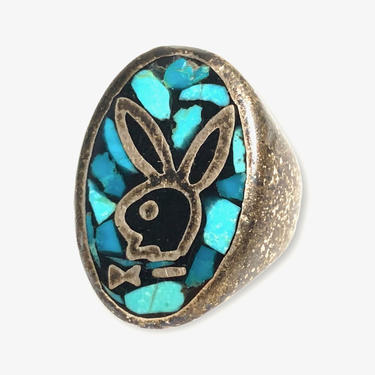 Vintage Native American PLAYBOY Ring ~ 7 1/4 ~ Sterling Silver / Chip Turquoise / Onyx  ~ Native American ~ Old Pawn ~ Zuni Toon ~ Navajo 