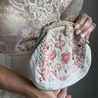 vintage silk ornate hand beaded floral motif heavily embellished hand painted french petite handbag 
