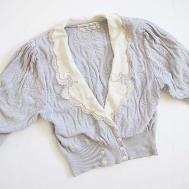 Vintage 80s Cable Knit Cardigan Sweater M - 1980s Oversized Linen Lace Collar  Sweater - Cottagecore Sweater - Lavender Heavy Knit Sweater 