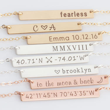 Skinny Personalized Bar Necklace, Custom Jewelry Gift, Engraved Delicate Necklace in Gold Filled Sterling Silver, Rose Gold, Roman Numeral 