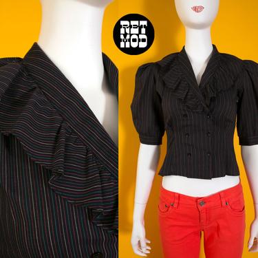 Cute &amp; Sassy Vintage 70s 80s Black Colorful Stripe Cotton Blouse with Puff Sleeves 