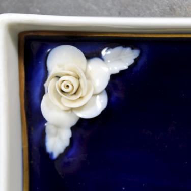 Vintage FBS Czechoslovakian Porcelain Butter Plates - Cobalt with 3D Ivory Roses - Rectangular Plate - Tea Bag Rest | FREE SHIPPING 