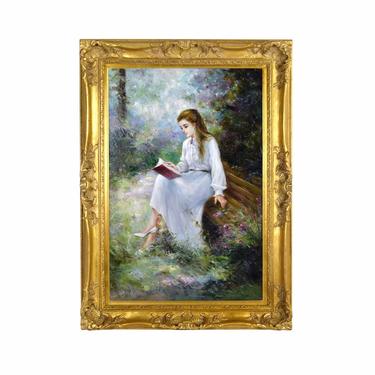 Impressionist Oil Painting Young Woman Reading in Garden sgd Richard Moore 