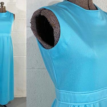 Vintage Ribbed Sky Blue Dress Maxi Gown Sleeveless Boho Festival Party Cocktail A-Line Mod Nubby 1960s 60s 1970s 70s XS Small 