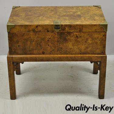 Vintage English Campaign Style Burlwood &amp; Brass Storage Trunk Chest Side Table