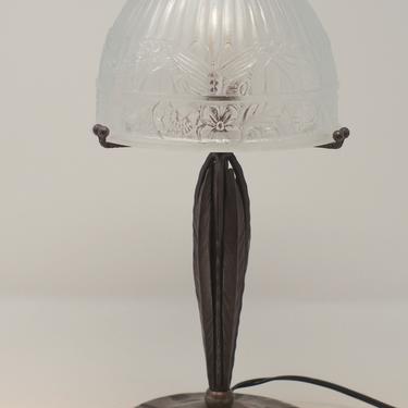 French Art Deco Forged Iron Table Lamp with Molded Glass Shade (#1438))