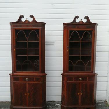 1900s Mahogany Hepplewhite Inlay Pair of Corner Display Cabinets Cupboards 1892
