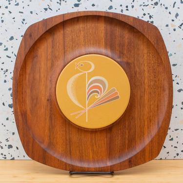 Vintage 1960s MCM Gladmark Wood Serving Tray with Bird Design - Ceramic Trivet Charcuterie Board Sun Valley California 
