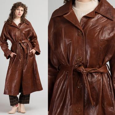 70s Women's Classic Leather Trench Coat - Large | Vintage Belted Dark Brown Button Up Jacket 