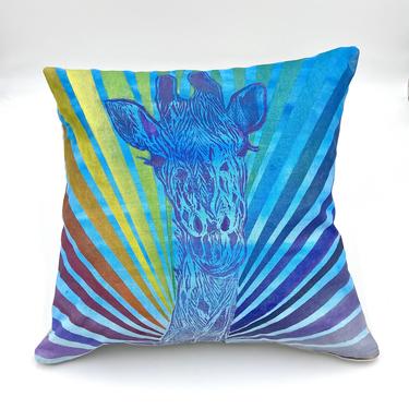 Superstar Giraffe with Rainbow Rays on Hand-Painted Blue Ombré Pillow