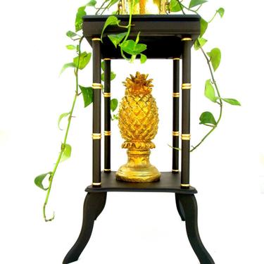Vintage Faux Bamboo Fern Table || Chinoiserie Black & Gold Versatile Accent Stand/Table 