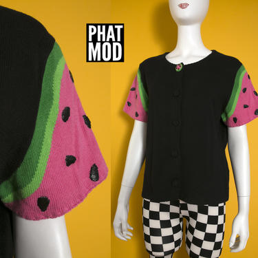 Cute Michael Simon Vintage 90s Black Short Sleeve Cardigan with Watermelon Sleeves and Button 