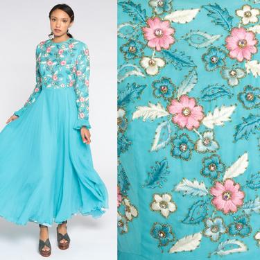 Floral Maxi Dress Embroidered Chiffon Dress 70s Party Long Dress Blue High Waist Hippie 1970s Vintage Long Sleeve Formal Medium 8 