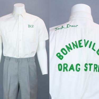 1950s BONNEVILLE DRAG STRIP Shirt | Vintage 50s Men’s Chain Stitch Embroidered White Short Sleeved Button Up Shirt | medium / large 