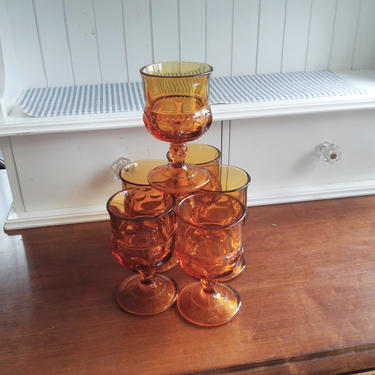 CLEARANCE Petite VINTAGE Amber King's Crown Glasses// Indiana Glass Thumbprint Water Goblets//  (Set OF 5) Style Wine Glasses// Boho Chic 