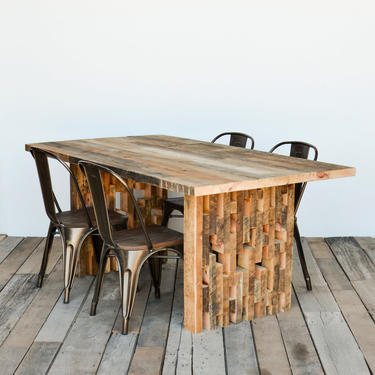 Reclaimed Wood Dining Table with artisan made wood legs in your choice of color, size and finish.  Custom orders welcome. 